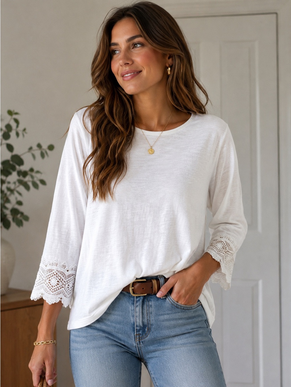 New Charter Club White Lace Sleeve Top Size Large NWT